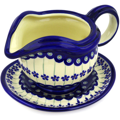 Polish Pottery Gravy Boat with Saucer 22 oz Flowering Peacock