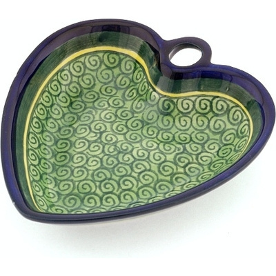 Polish Pottery Heart Shaped Bowl 6&quot; Celadon Swirl