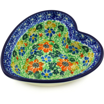 Polish Pottery Heart Shaped Bowl 6&quot; Floral Country UNIKAT