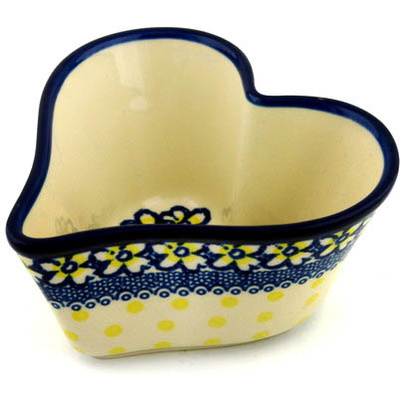Polish Pottery Heart Shaped Bowl 6&quot; Yellow Polka Dot