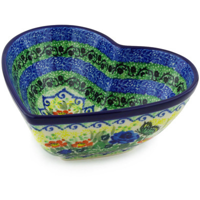 Polish Pottery Heart Shaped Bowl 7&quot; Blue Rose Butterfly UNIKAT