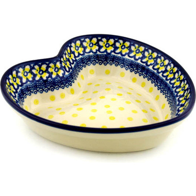 Polish Pottery Heart Shaped Bowl 8&quot; Yellow Polka Dot