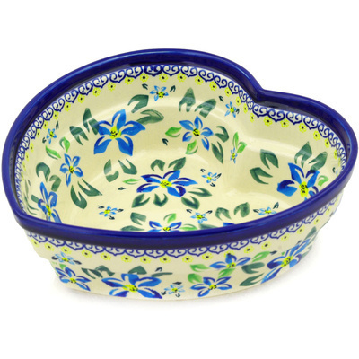 Polish Pottery Heart Shaped Bowl 9&quot; Blue Clematis