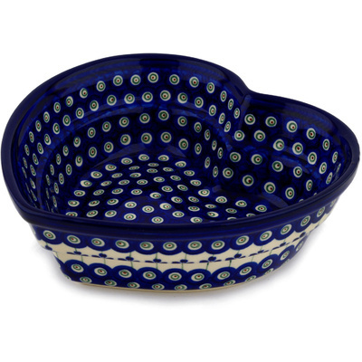Polish Pottery Heart Shaped Bowl 9&quot; Flowering Peacock