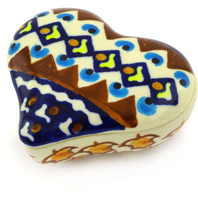 Polish Pottery Heart Shaped Jar 3&quot; Golden Leaves UNIKAT
