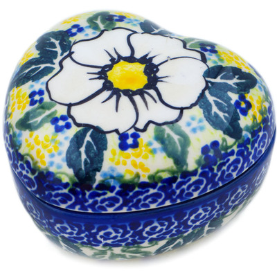 Polish Pottery Heart Shaped Jar 4&quot; Floral Fantasy