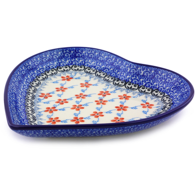 Polish Pottery Heart Shaped Platter 7&quot; Floral Lattice