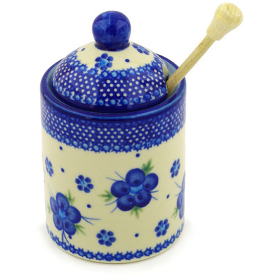 Polish Pottery Honey Jar with Dipper 6&quot; Bleu-belle Fleur