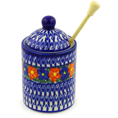 Polish Pottery Honey Jar with Dipper 6&quot; Floral Burst