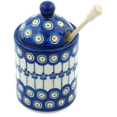 Polish Pottery Honey Jar with Dipper 6&quot; Floral Peacock