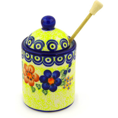 Polish Pottery Honey Jar with Dipper 6&quot; Neon Poppies