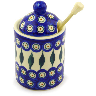 Polish Pottery Honey Jar with Dipper 6&quot; Peacock