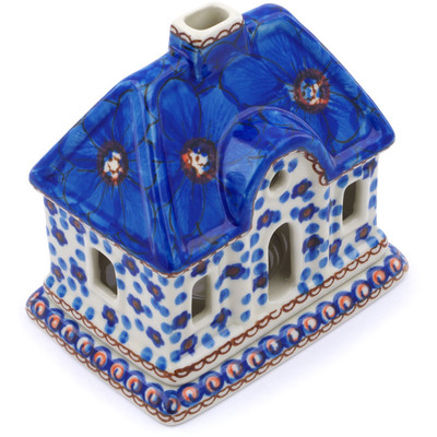 Polish Pottery House Shaped Candle Holder 5&quot; Blue Poppies UNIKAT