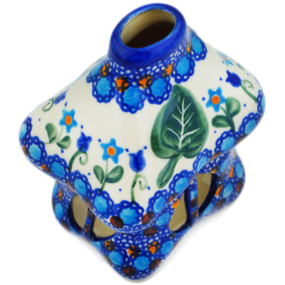 Polish Pottery House Shaped Candle Holder 5&quot; Blue Tulip Garden UNIKAT