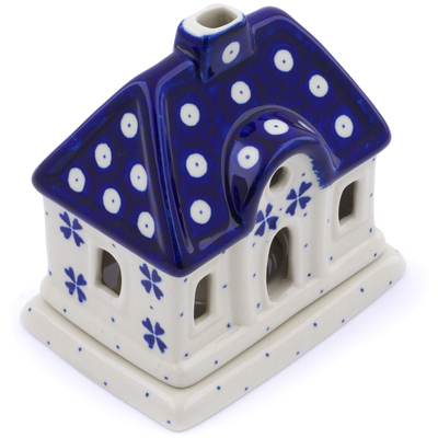 Polish Pottery House Shaped Candle Holder 5&quot; Peacock Clover