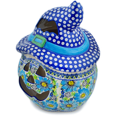 Polish Pottery Jack O Lantern Candle Holder 14&quot; Happy Blue UNIKAT