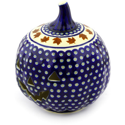 Polish Pottery Jack O Lantern Candle Holder 9&quot; Autumn Leaves