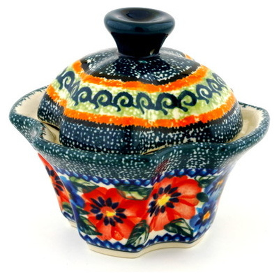 Polish Pottery Jar with Lid 5&quot; Blue And Red Poppies UNIKAT