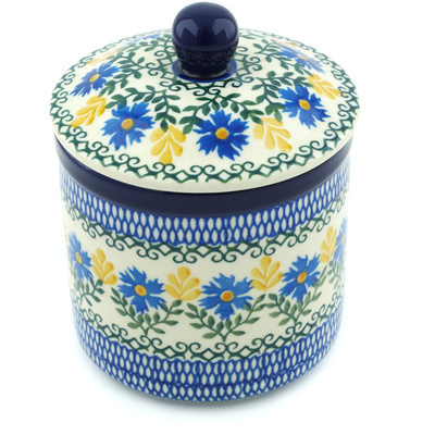 Polish Pottery Jar with Lid 5&quot; Blue Daisy