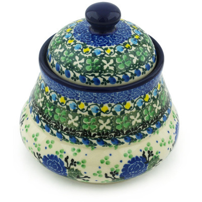 Polish Pottery Jar with Lid 5&quot; Blue Rose Trio UNIKAT