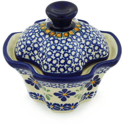 Polish Pottery Jar with Lid 5&quot; Gangham Flower Chain
