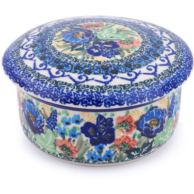 Polish Pottery Jar with Lid 5&quot; Lupines And Roses UNIKAT