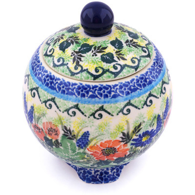 Polish Pottery Jar with Lid 5&quot; Peach Rose Meadow UNIKAT