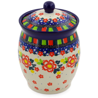 Polish Pottery Jar with Lid 6&quot; Floral Puzzles UNIKAT