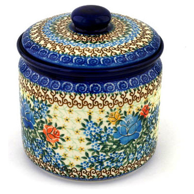 Polish Pottery Jar with Lid 7&quot; Bluebonnets And Roses UNIKAT