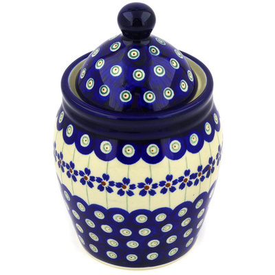 Polish Pottery Jar with Lid 7&quot; Flowering Peacock
