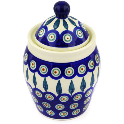 Polish Pottery Jar with Lid 7&quot; Peacock Leaves