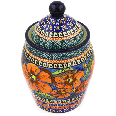 Polish Pottery Jar with Lid 7&quot; Poppies UNIKAT