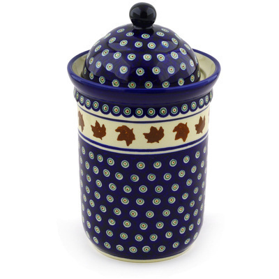 Polish Pottery Jar with Lid 9&quot; Autumn Leaves