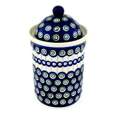 Polish Pottery Jar with Lid 9&quot; Traditional Peacock
