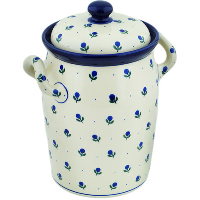 Polish Pottery Jar with Lid and Handles 11&quot; Blue Buds
