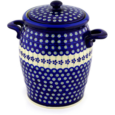 Polish Pottery Jar with Lid and Handles 11&quot; Flowering Peacock