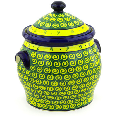 Polish Pottery Jar with Lid and Handles 11&quot; Green Peacock Swirls