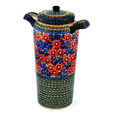 Polish Pottery Jar with Lid and Handles 14&quot; Blue And Red Poppies UNIKAT