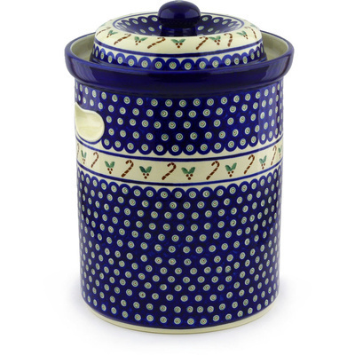 Polish Pottery Jar with Lid and Handles 14&quot; Candy Cane Peacock