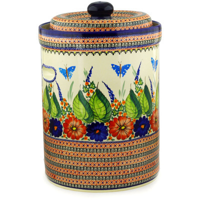 Polish Pottery Jar with Lid and Handles 17&quot; Spring Splendor UNIKAT