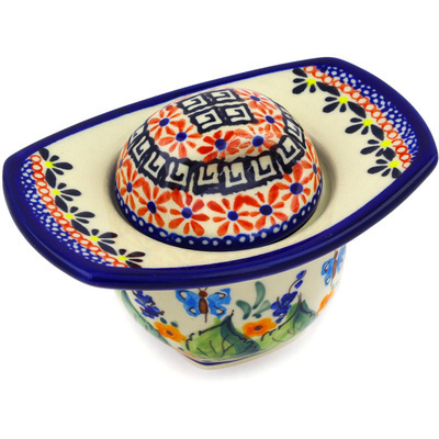 Polish Pottery Jar with Lid and Handles 5&quot; Spring Splendor UNIKAT