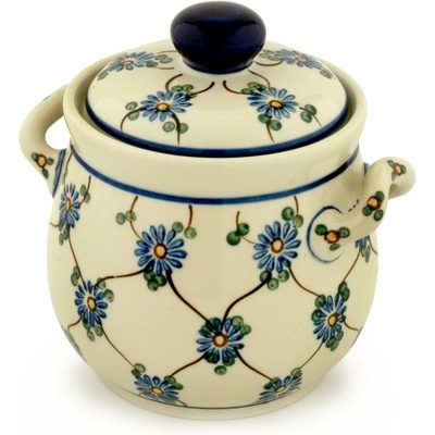 Polish Pottery Jar with Lid and Handles 6&quot; Blue Aster Trellis