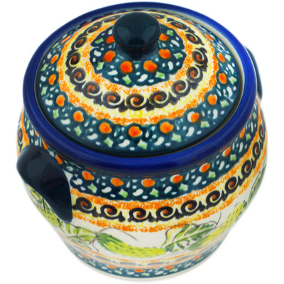Polish Pottery Jar with Lid and Handles 6&quot; Cucumber Patch