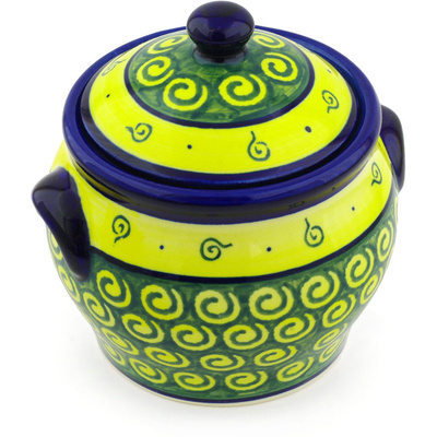 Polish Pottery Jar with Lid and Handles 6&quot; Green Peacock Swirls
