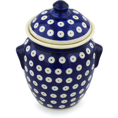 Polish Pottery Jar with Lid and Handles 7&quot; Blue Eyed Peacock