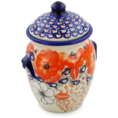 Polish Pottery Jar with Lid and Handles 7&quot; Poppy Passion