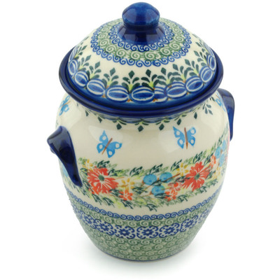 Polish Pottery Jar with Lid and Handles 7&quot; Ring Of Flowers UNIKAT