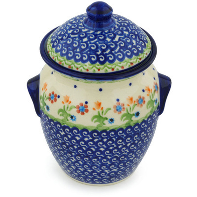 Polish Pottery Jar with Lid and Handles 7&quot; Spring Flowers