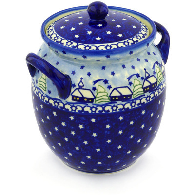 Polish Pottery Jar with Lid and Handles 7&quot; Village Stars UNIKAT