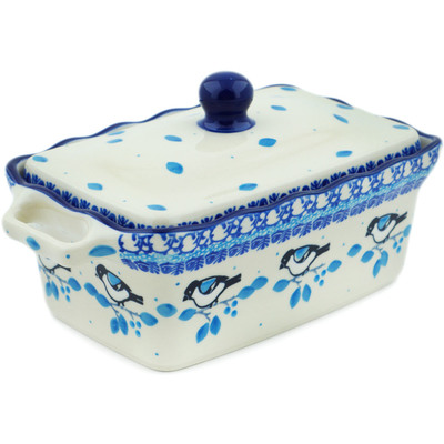 Polish Pottery Jar with Lid and Handles 8&quot; Winter Sparrow